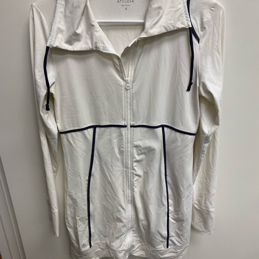 Athleta White Full-Zip Hoodie Jacket with Navy Trim
